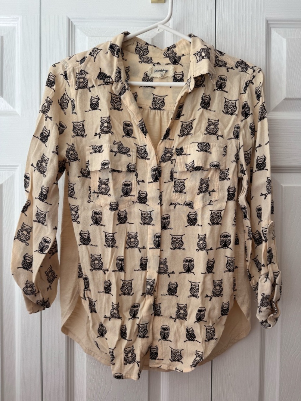 Anthropologie Porridge Owl Print Mixed Fabric High-Low Button Down Top - XS